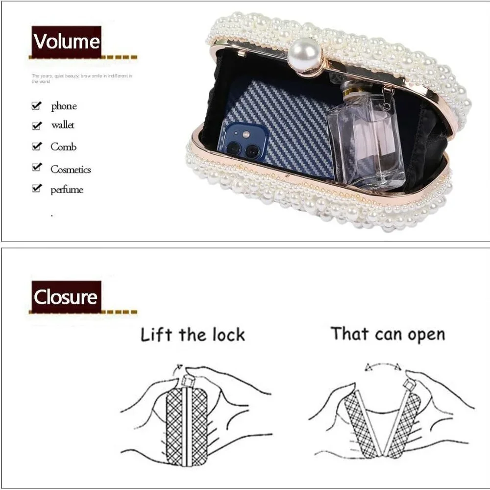 Women's Pearl Beaded Evening Clutch Bag Compact Bridal Prom Party Purse